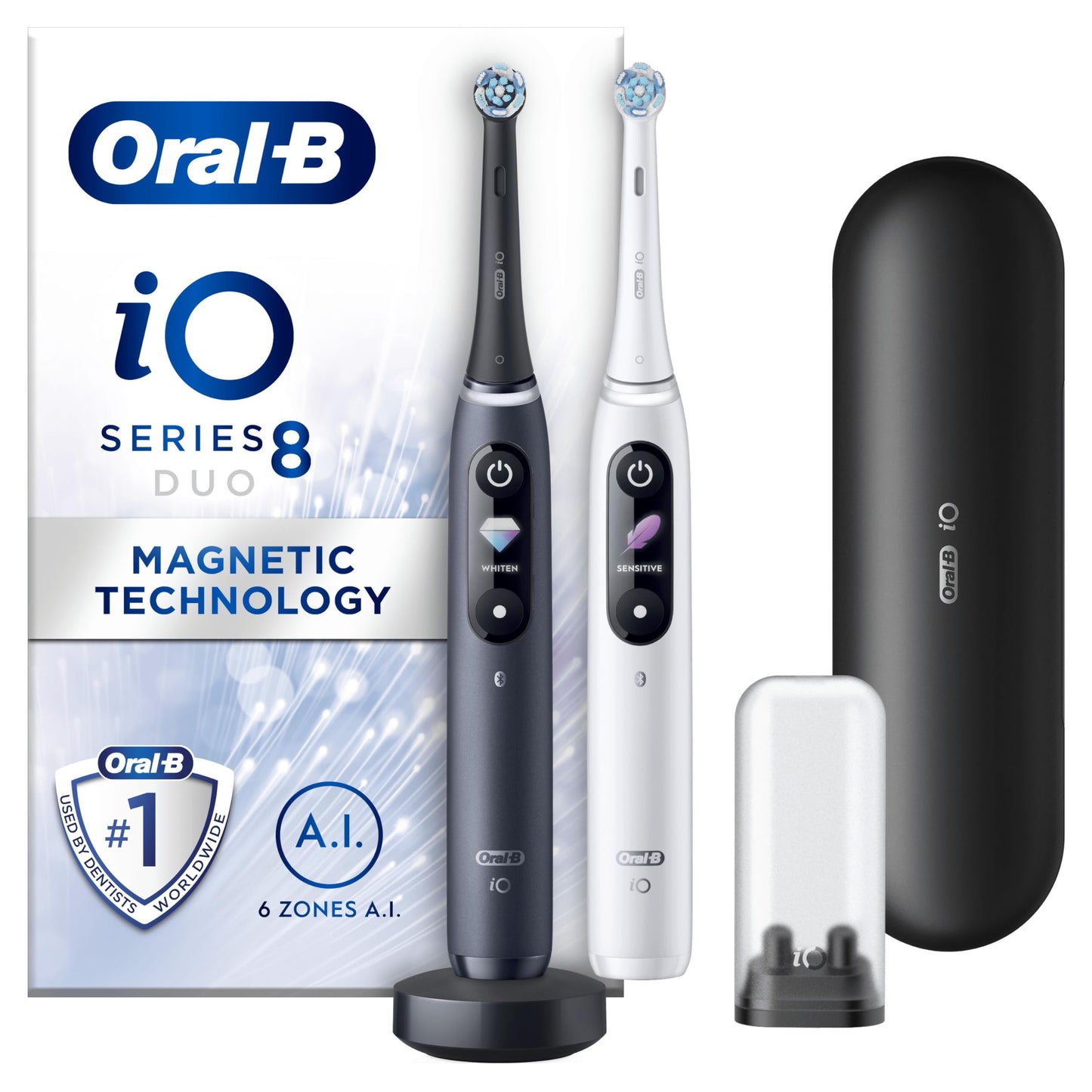 Oral-B iO8 2x Electric Toothbrushes For Adults, Gifts For Women / Men, App Connected Handles, 2 Toothbrush Heads & Travel Toothbrush Set, 6 Modes, 2 Pin UK Plug, Black & White, Oral B IO Toothbrush