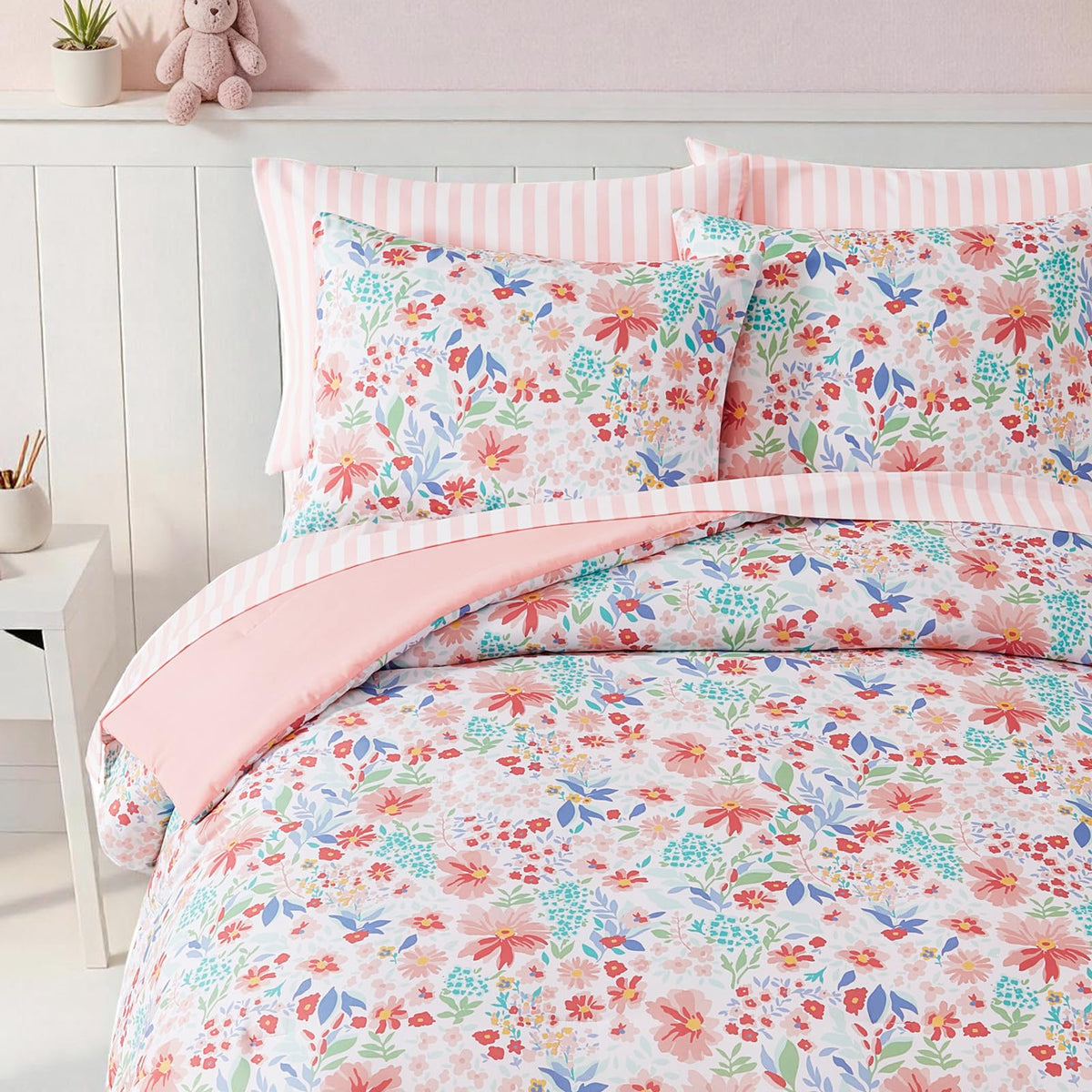 Kaleido Space Twin Comforter Set for Girls Kids - 5 Pieces Pink Flowers Patterns Twin Bedding Sets for Girls Teen, Soft Cozy Bed in a Bag with Sheets