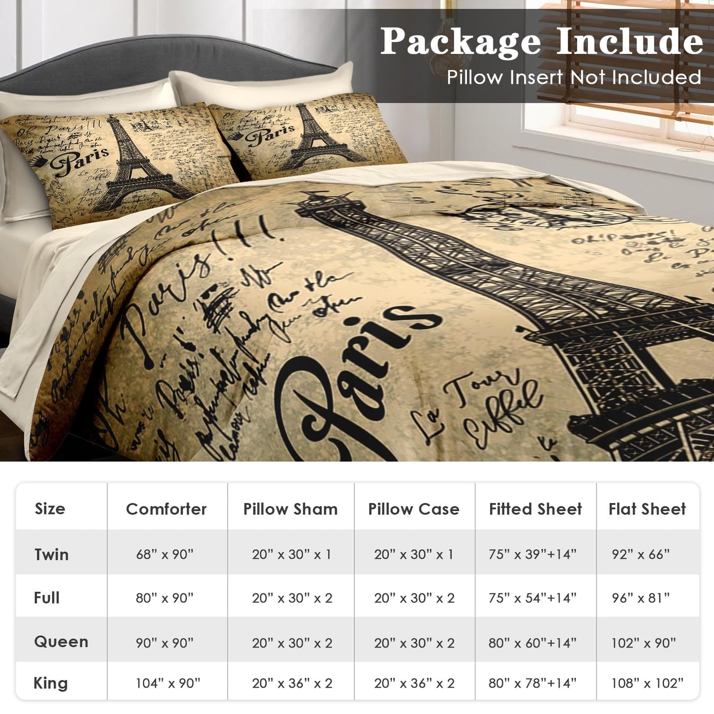 Pamnest Comforter Set Queen Size, Paris Eiffel Tower 7 Pcs Bedding for Kids and Adults, Love Retro Brown Bed Sheet Sets with Fitted Sheet 2 Pillowcases & 2 Shams for Bedroom Bed Decor