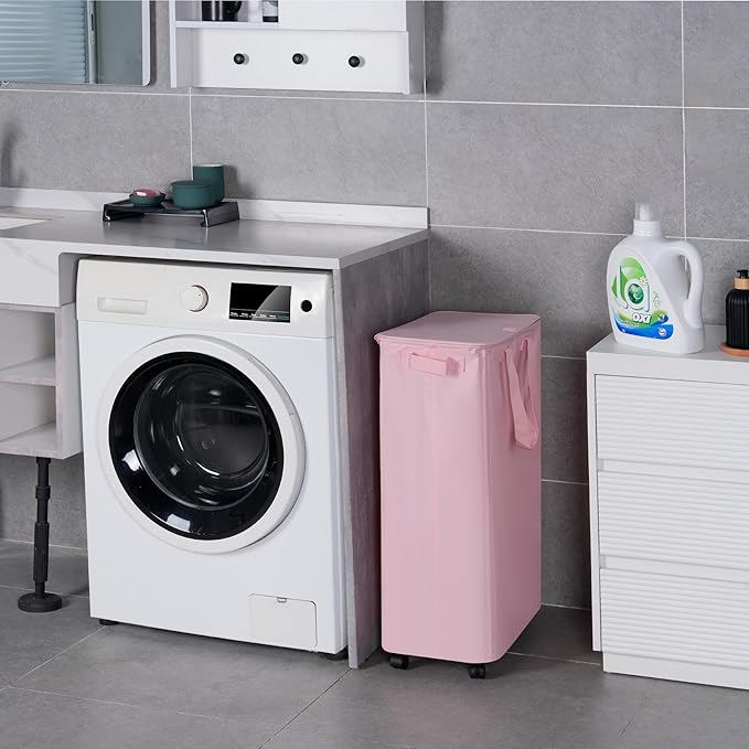 Slim Laundry Hamper with Lid and Wheels, Small Rolling Laundry Basket with