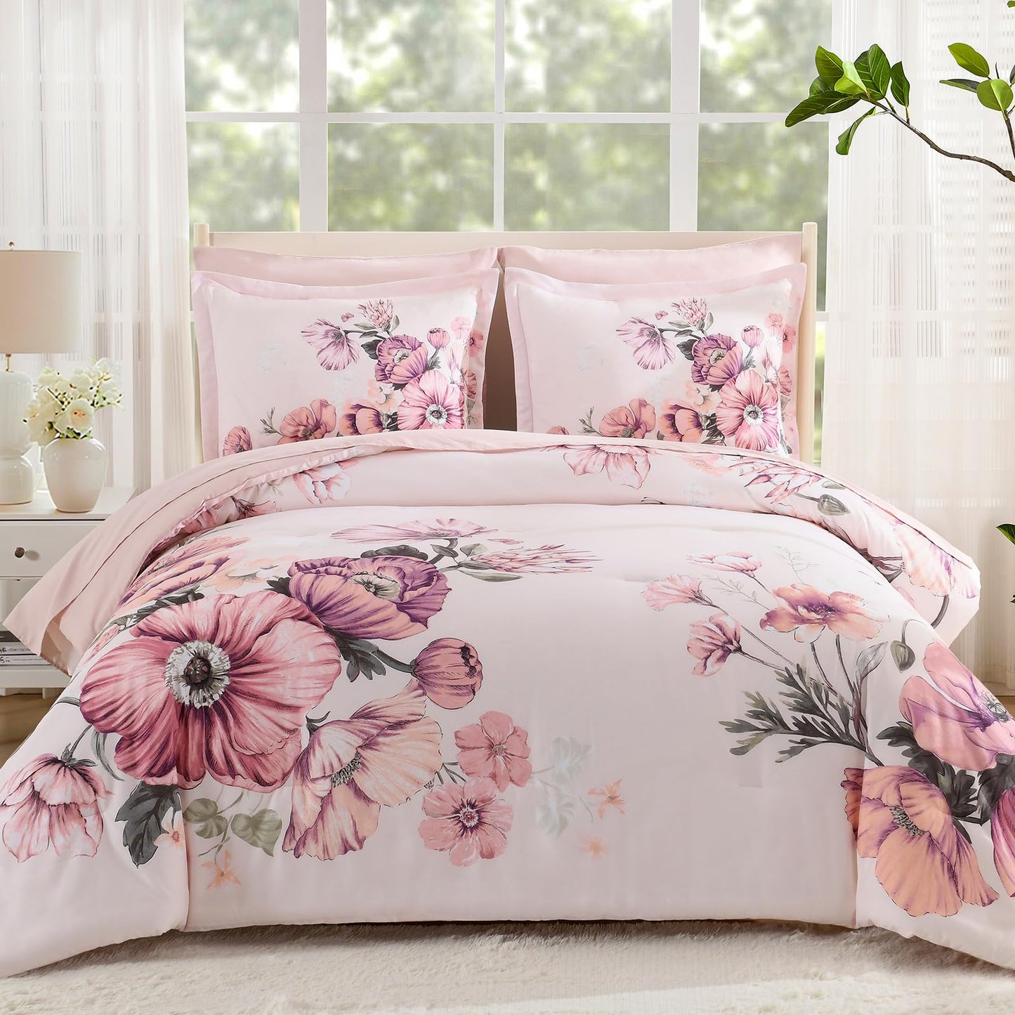 LLDSYW King Size Comforter Set - 7 Pieces Floral Comforter and Sheet Set, Pink King Size Bed in a Bag, Soft Microfiber Flower Complete Bedding Set for All Seasons（Pink,104"x90"）