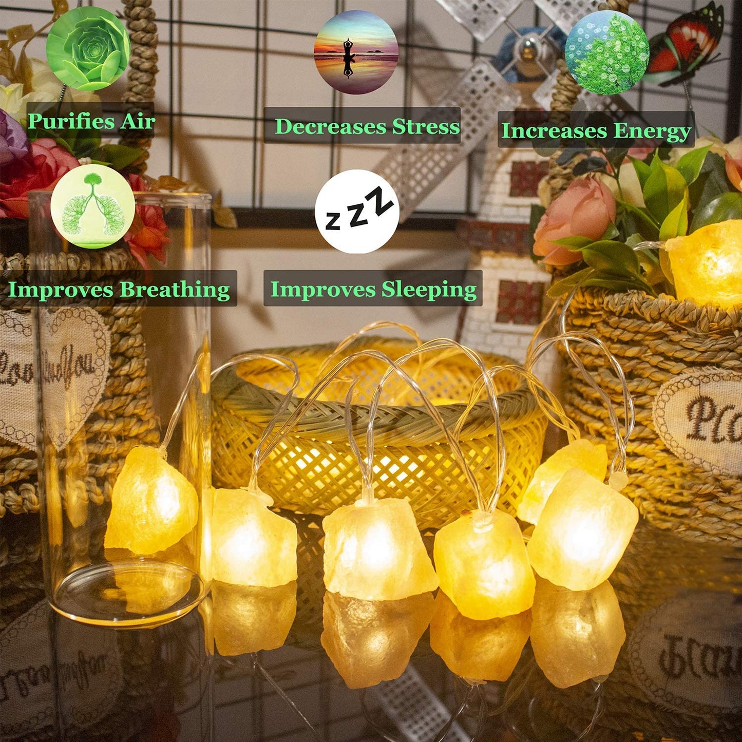 HeaHap Himalayan Salt String Lights with Switch, 20 Natural Salt Block LED Light with USB Interface Suitable for Decorating Home, Bedrooms, Fireplaces（Total Length: 11.5 Feet）