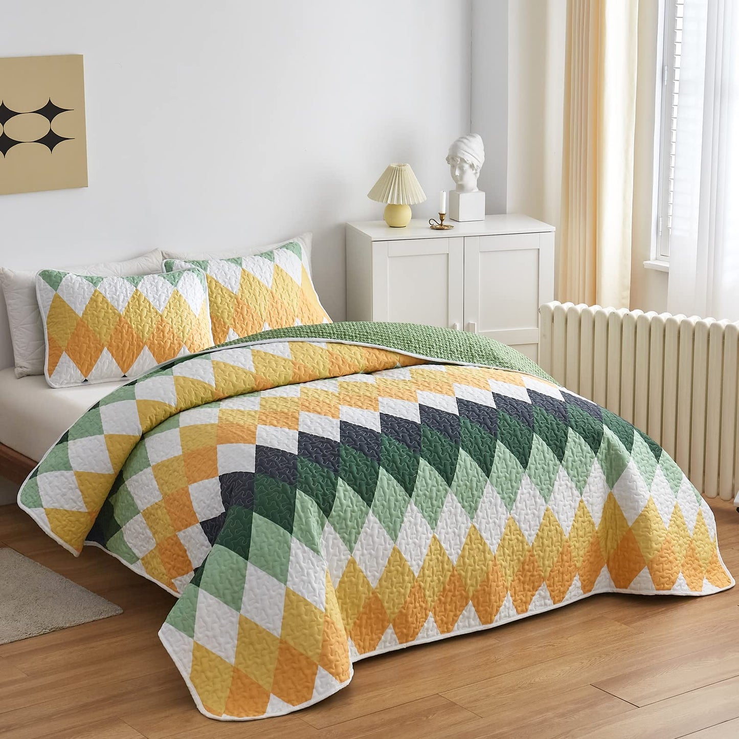 Yellow Green Rhomb Plaid Quilt Set 3pc Queen Size Reversible Coverlet Bedspread Set Soft Microfiber Lightweight Summer Quilt Bedding Set Bed Cover for All Season 88x88