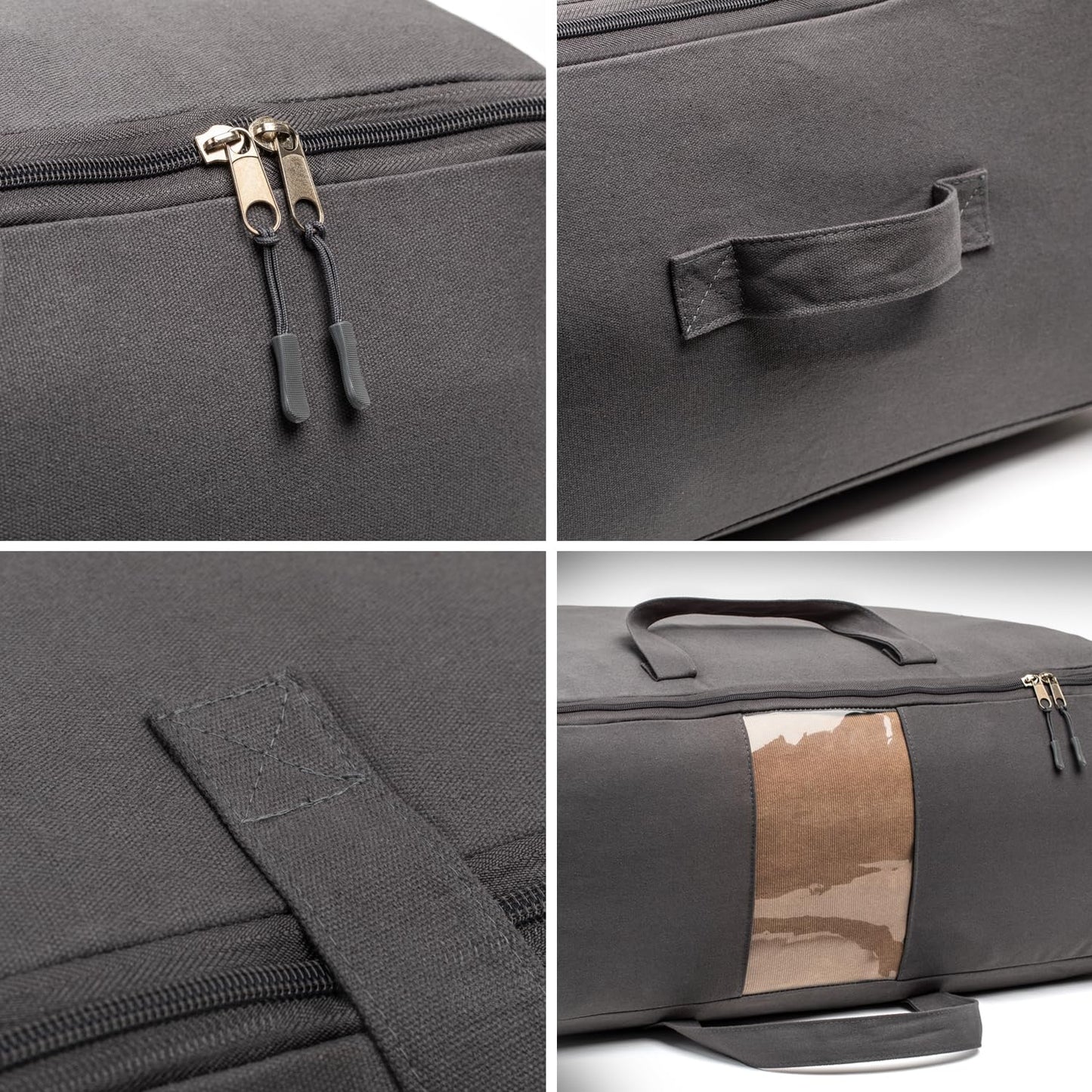 Soft Canvas Storage Bags with Zipper. Thick Breathable, 2pc King/Queen Comforter Organizer. Four Carrying Handles and Window. Large 25x19x9in Bag for Sheets Blankets Bedding Pillows, Clothes (Grey)