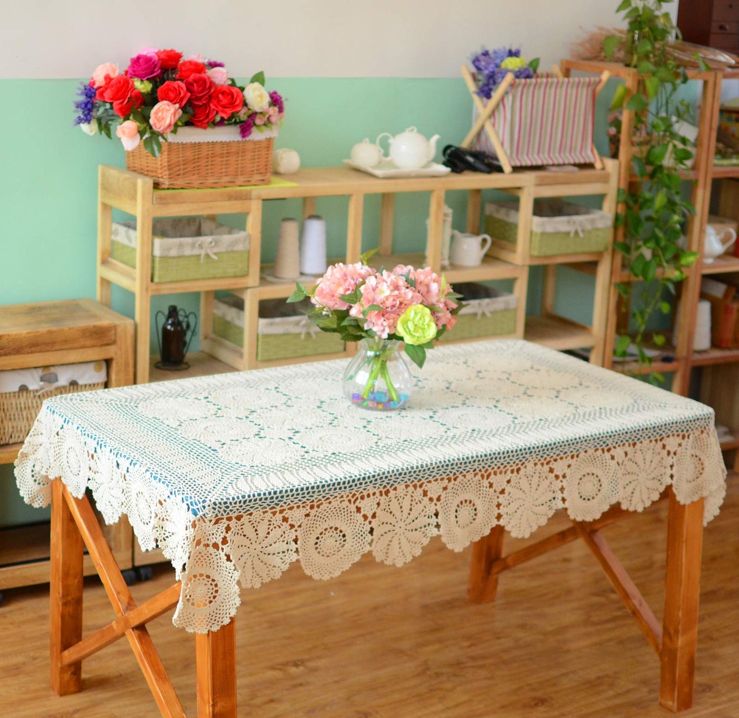 USTIDE Rustic Floral Crochet Tablecloth Rectangle Beige Cotton Lace Table Overlays 51"x70"