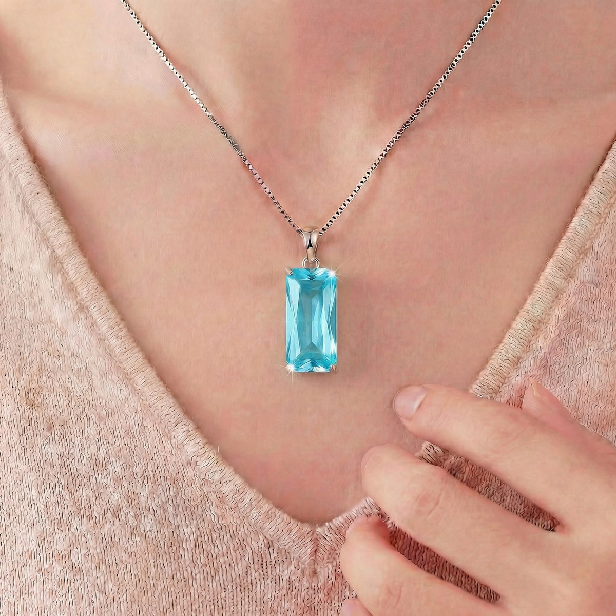 Kuschelkatze 8mm x 16mm Square March Birthstone Aquamarine Pendant Necklace – Fashion charming Sterling Silver Gift for women