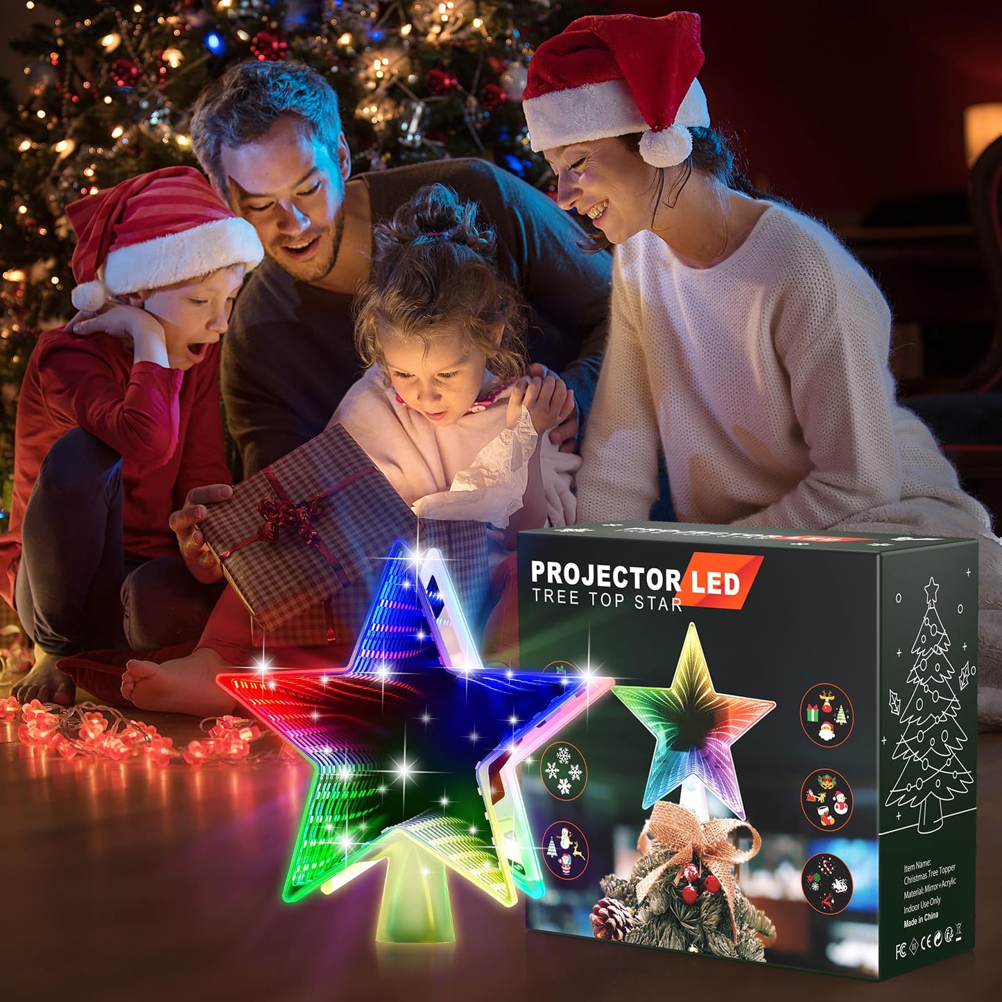 Patiobay Christmas Tree Topper Star, Double Sided Tunnel Mirror 10 Inch 12 Lighting Modes, Built-in 6 Projected Patterns, 3D Glitter LED Rotating Lights for Party Holiday Xmas Decorations Gifts