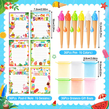 SZCECHRE 36 Pack School End Of Year Surprise Gift Sets, Ice Cream Pens Summer Sticky Notes Kit with Gift Bags & Ribbon for Pool Beach Birthday Class Parties & Student Gifts