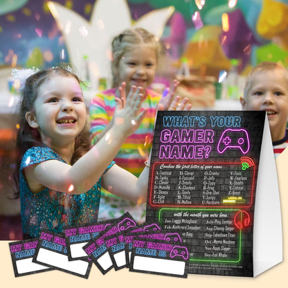 EQIUAG What's Your Gamer Name, Funny Game Night Decorations Cards Set,1 Game Sign and 30 Cards Games, Perfect for Birthday Party Activities
