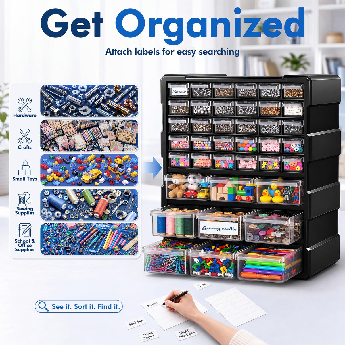 PurKeep 𝟔𝟐% 𝟎𝐅𝐅 Drawer Organizer for Garage Building Bricks Storage,Thicker Craft Organizers Storage with Dividers Labels for Hardware,Screws,Nuts Bolts,Teacher Toolbox,Charms, Beads,Craft