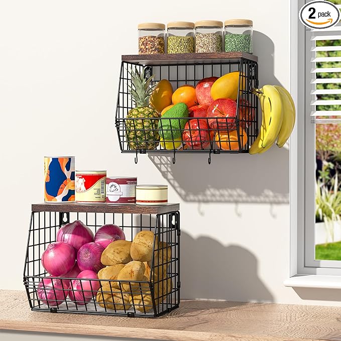 2 Tier Fruit Bowl Fruit Basket for Kitchen Counter Stackable Wall Mounted