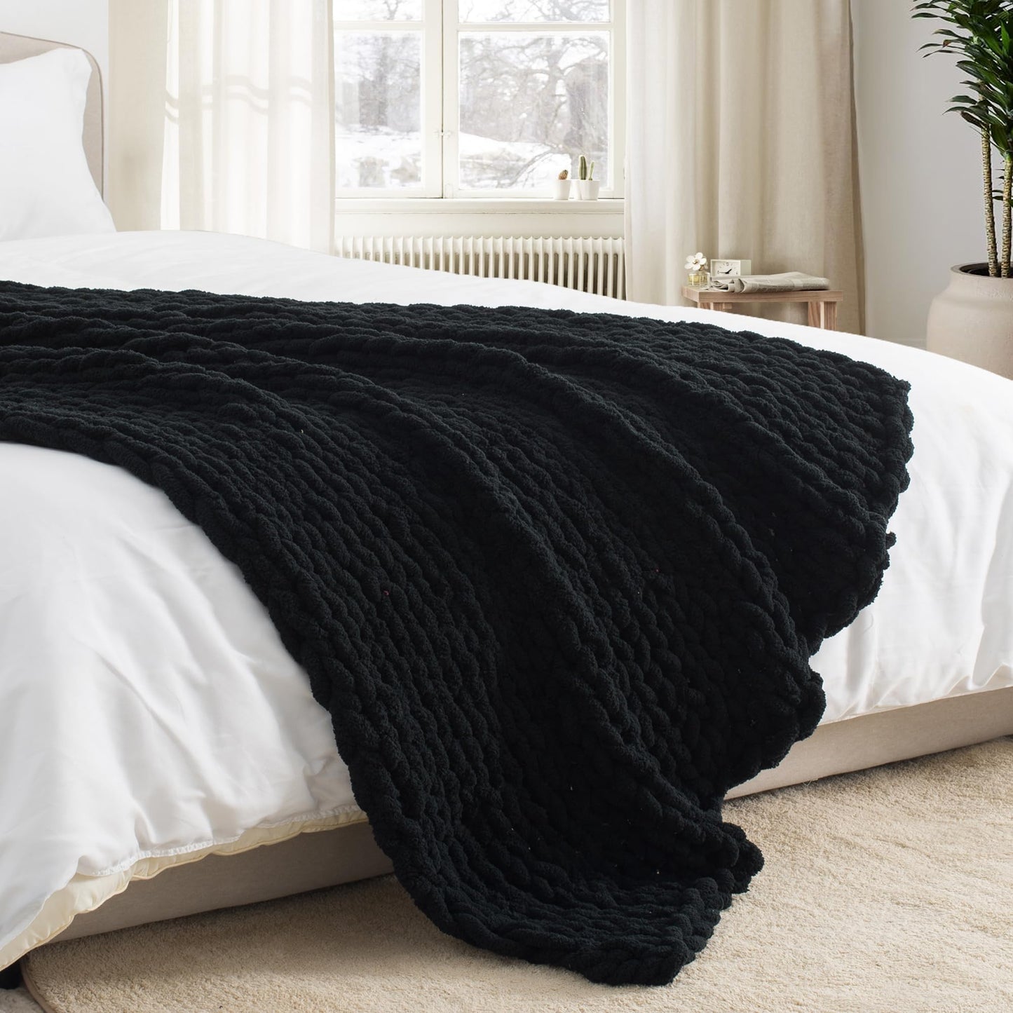 LONG CREATE Chunky Knit Throw Blanket 50"X 60", 100% Handmade with Soft Chenille Yarn, 4.4lbs Thick Cable Knitted Blankets, Large Rope Knot Crochet Throws for Couch Sofa Bed Home Decor, Black