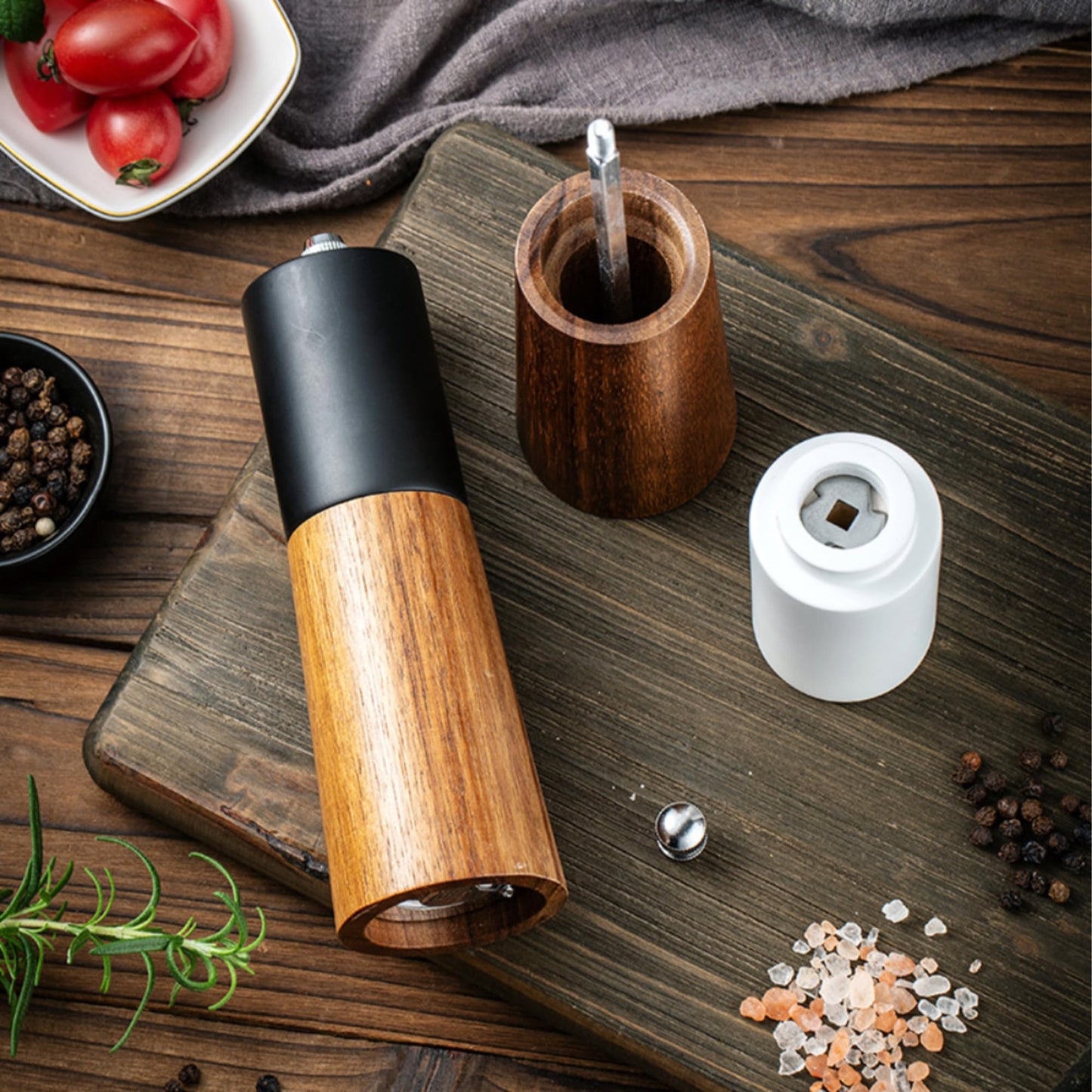 GCFTIFF Wooden Salt and Pepper Grinder Set,Crafted of Solid Acacia Wood with Ceramic Steel Core,Adjust for Customized Coarseness,Pepper Mill with Wooden Stand & Spoon(2pcs white + black,6 inches)
