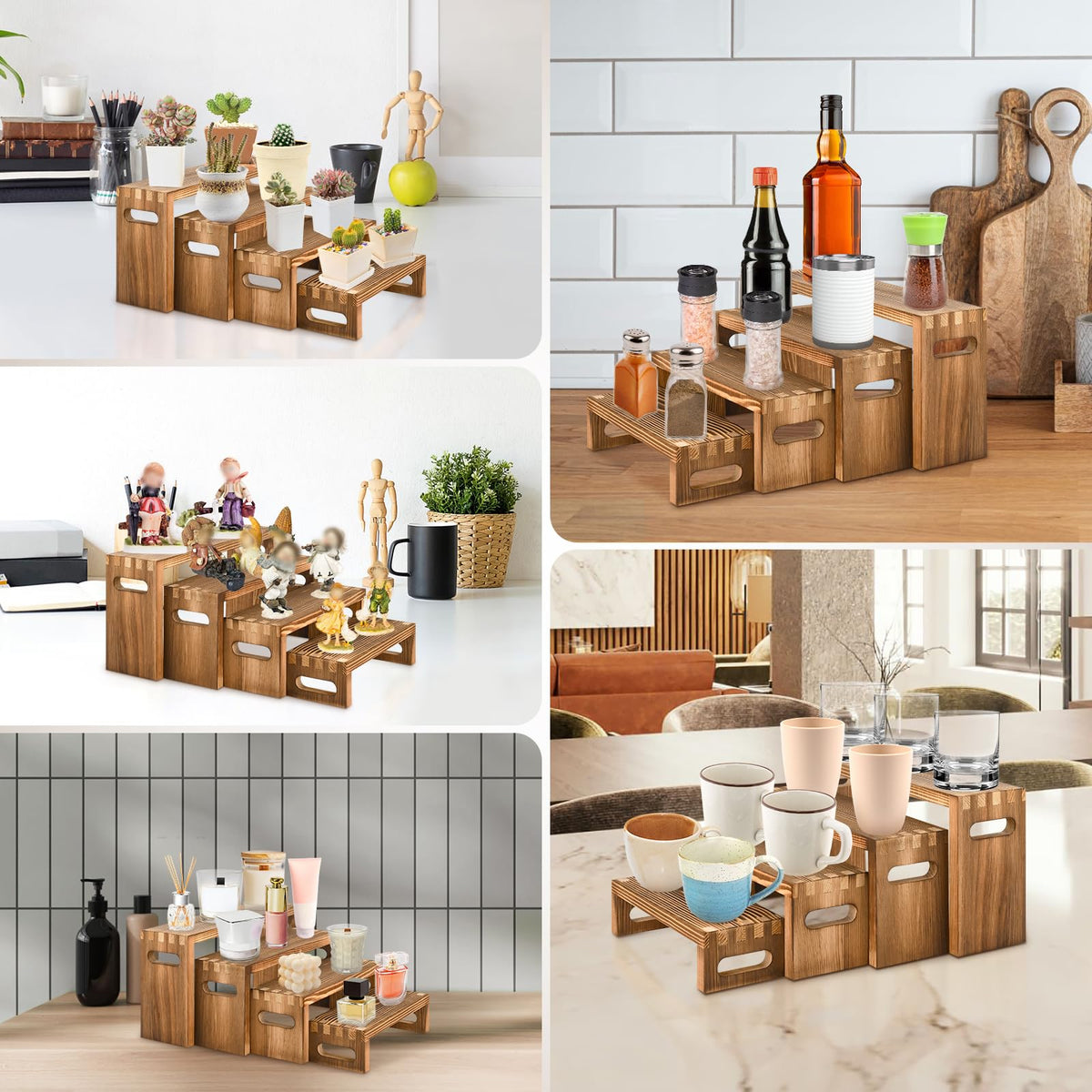 Luqvzxv 8 Pcs Wood Risers Display Stands, 2 Set Wooden Risers for Table Display, 4 Tier Rectangular Riser Display Stand Wooden for Cupcake, Desserts, Perfume, Collections, Jewelry Showcase