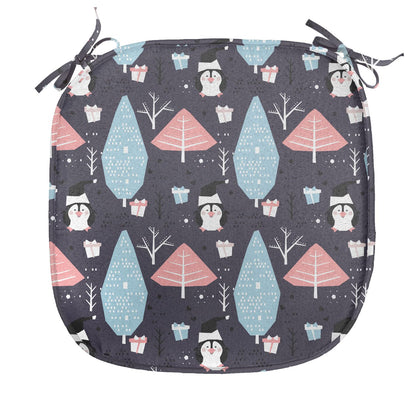 Lunarable Christmas Chair Seating Cushion, Winter Trees and Penguins with Gift Boxes Noel Happy New Year Theme, Anti-Slip Seat Padding for Kitchen & Patio, 16"x16", Pale Blue Pastel Pink
