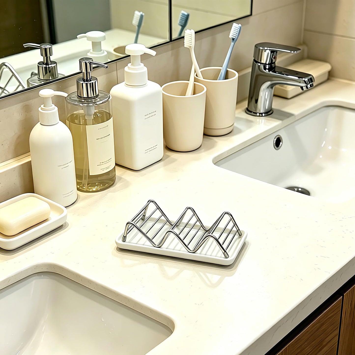 Lofekea Soap Dish, Stainless Steel Self Draining Shower Bar Soap Holder with Ceramic Dish Tray, W Style Soap Saver for Bathroom, Sink, Kitchen and Countertop(White)