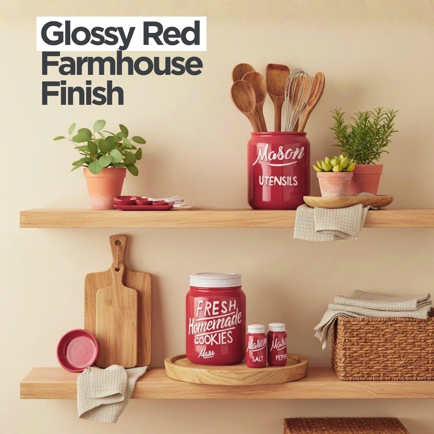 Mason Jar Ceramic Canister Set, Farmhouse Canisters Sets for the Kitchen Decor, Utensil Holder, Spoon Rest, Cookie Jar, Salt & Pepper Shaker, Sponge Holder, Measuring Cups & Spoons (Red, 17-Pc Bundle)