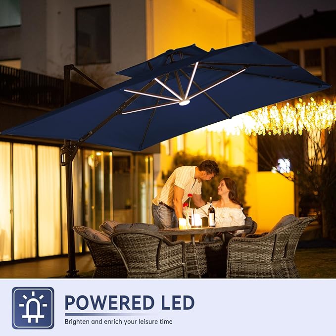 10 X 13 FT Cantilever Outdoor Patio Umbrella with Led Lights Large Heavy Duty 360° Rotation Double Top Offset Rectangular Umbrellas for Backyard Garden Pool Outside Deck, Navy