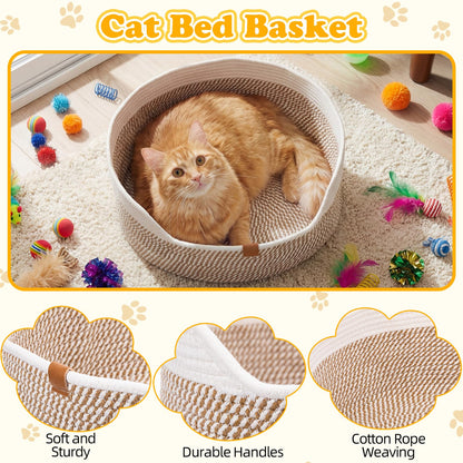 Leitee Mother's Day Cat Bed Storage Basket with 40 Pcs Cat Variety Toys Pack Set Includes Pillows, Spring Toy, Fish, Chew Rope and Balls for Kitten Kitty Swat Hunt Interactive Pet(White,Yellow)