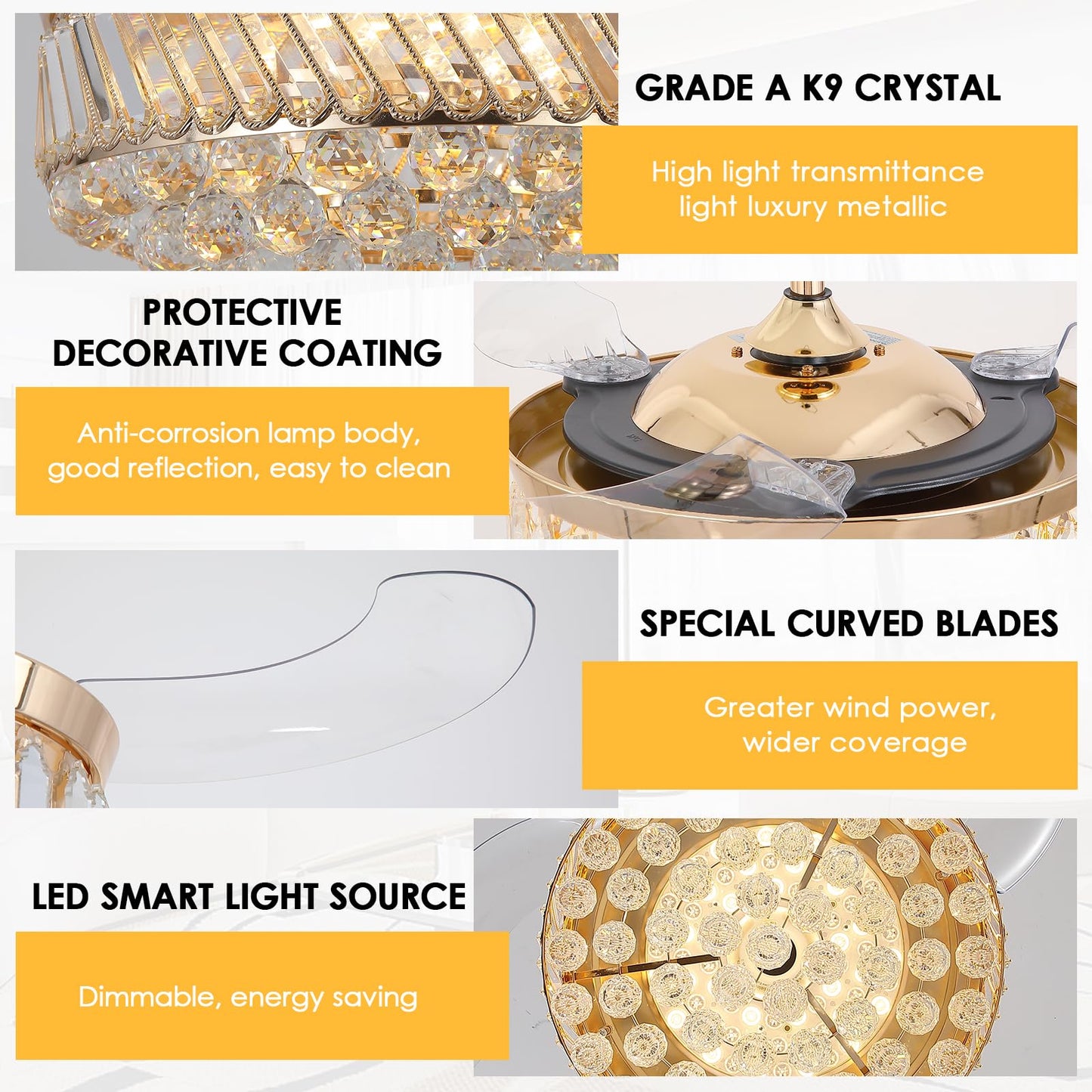 Asyko 48" Golden Crystal Ceiling Fans with Lights and Remote and APP, Modern Retractable Blades Ceiling Fan with 3 CCT for Living Room,Dining Room, Kitchen, Reversible