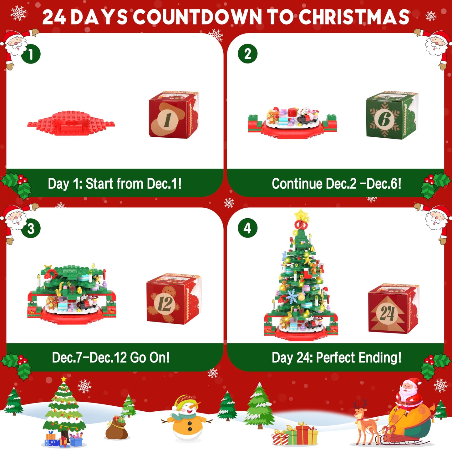 Alagoo Advent Calendar 2025 Christmas Tree Building Set with LED Light, 24 Days Christmas Countdown Calendar Christmas Tree Building Blocks, Xmas Gifts for Adults Teens Kids