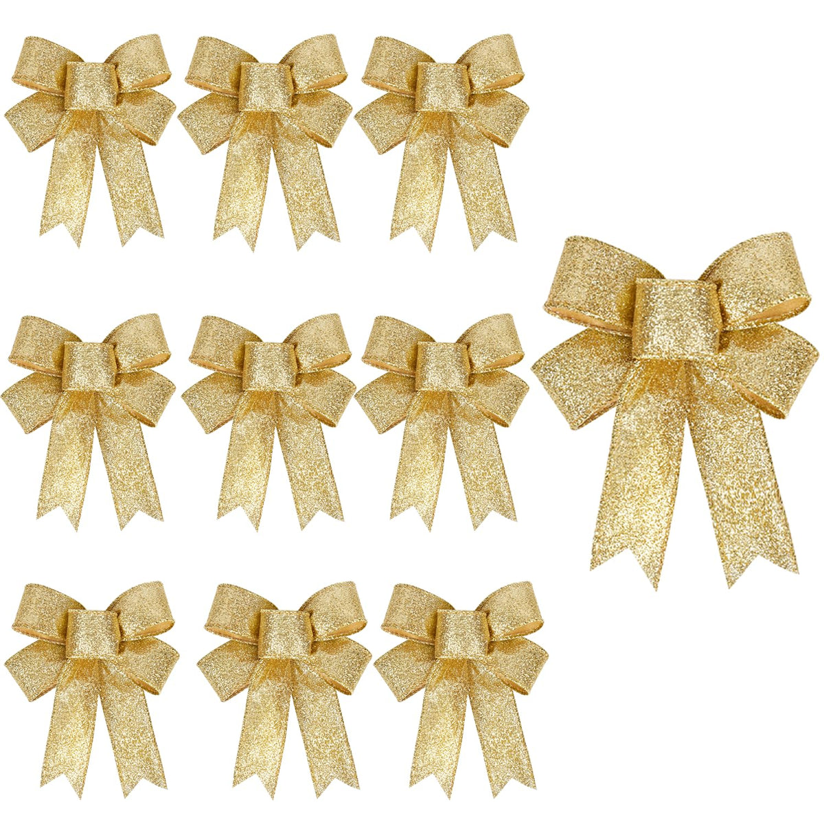 Voeveca 10 Pack 4 inches Shiny Red Christmas Bow Christmas Tree Bows Wreath Decorative Pendant Christmas Decorations Red, Silver, Gold (10, Gold)
