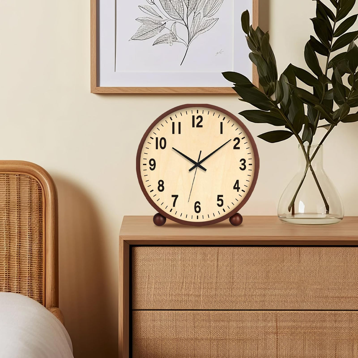 Maxspace Wooden Table Clock,8in Silent Non-Ticking Desk Clock,Battery Operated Desktop Analog Clock for Living Room Bedroom Kitchen Office Classroom Decor (Walnut)