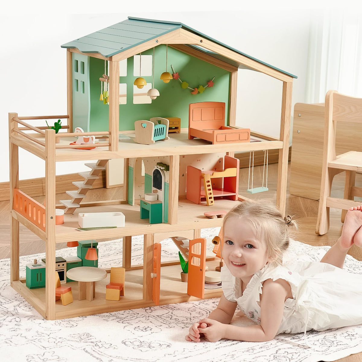 Giant bean Large Wooden Dollhouse with 32 Pcs Furniture Accessories, 3-Story Doll House 5 Rooms Balcony Wooden Stairs, Ideal Dollhouse Toy for Kids Ages 3+, 30" H x 28" L x 13" W