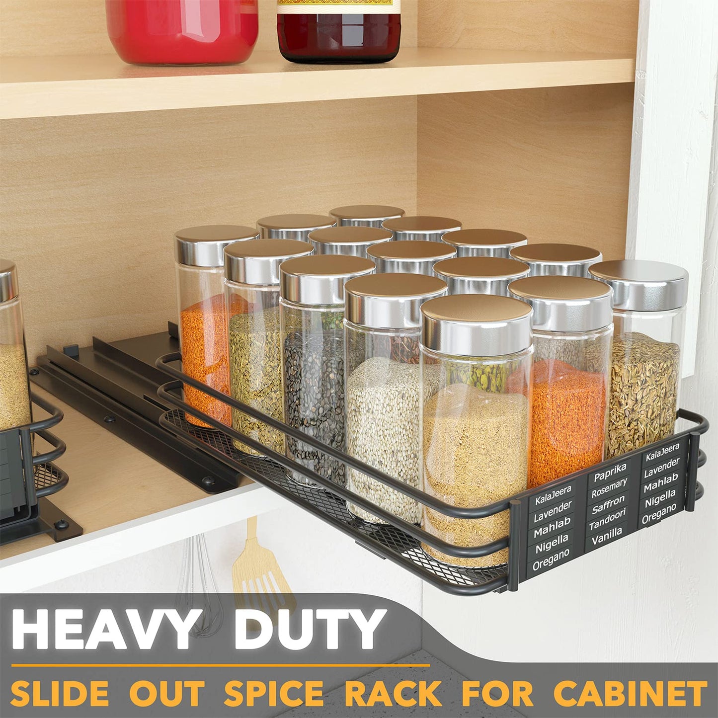 SpaceAid Pull Out Spice Rack Organizer for Cabinet, Heavy Duty Slide Out Seasoning Kitchen Organizer, Cabinet Organizer, with Labels, 4.5" W x10.75 D x8.5 H, 1 Drawer 2-Tier
