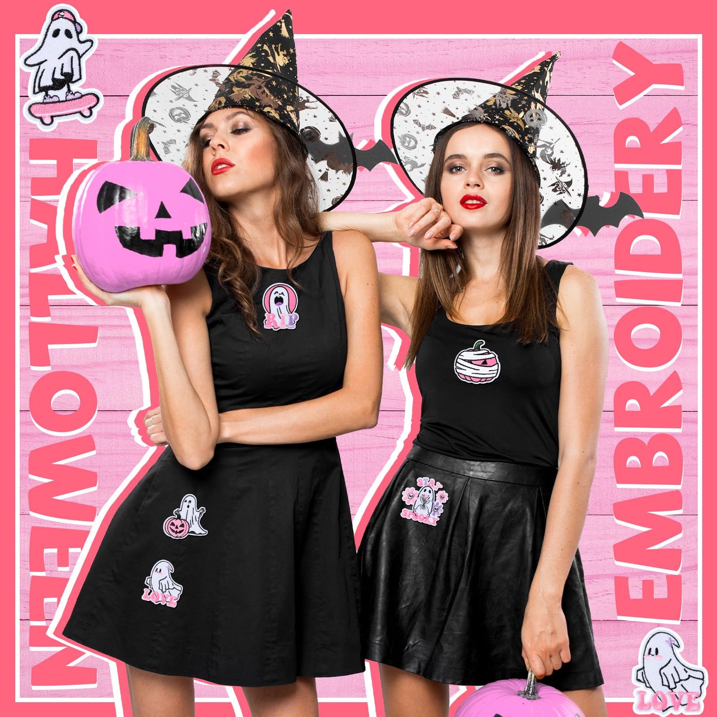 Wavwavw 50 Pcs Ghost Patches Iron on Halloween Patches Embroidered Applique Cute Pumpkin Boo Ghost Iron on for Clothes Hats Backpacks Jackets Accessories