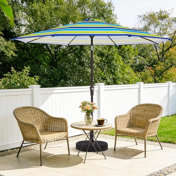 MEWAY 9ft Patio Umbrella Outdoor Table Umbrellas with Push Button Tilt and Crank, Market Umbrella 8 Sturdy Ribs for Deck, Garden, Pool and Backyard, Blue-Green Stripe