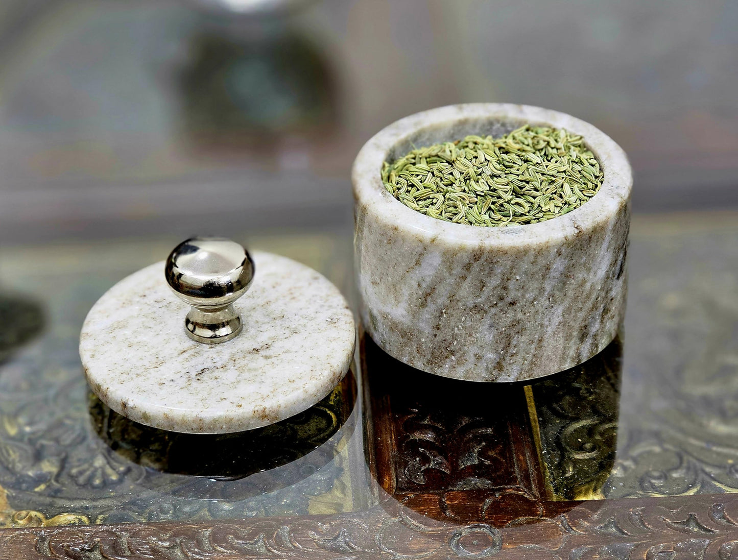 KLEO Marble Salt and Spice Holder with Lid | Small Container (2x3in) | Stone Salt Box/Canister for Kitchen and Dining | Saunf Holder (Beige)