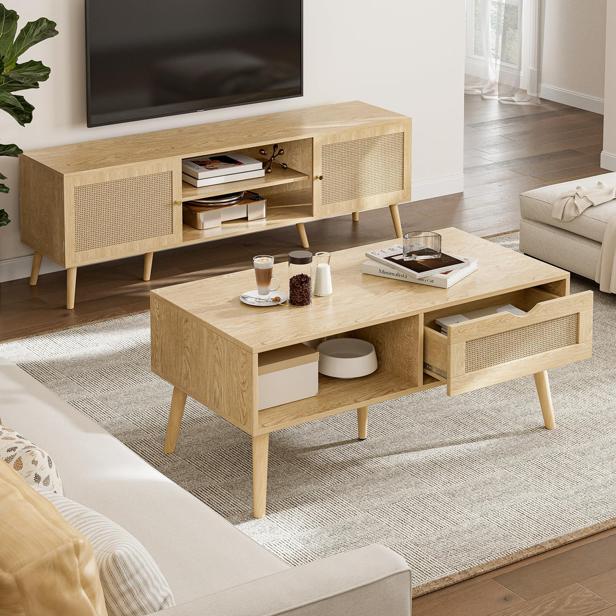 ZttRiee Rattan Coffee Table with Drawer, Boho, Natural