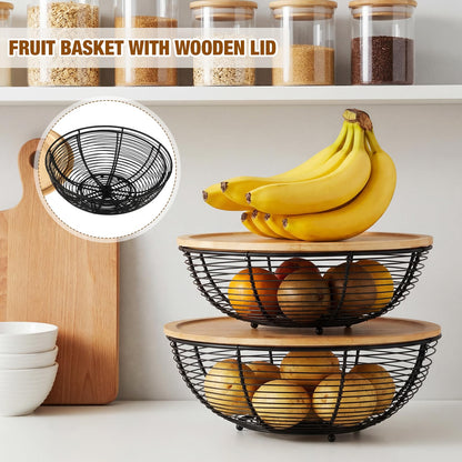 Ferrochef 2 Set Stackable Fruit Basket with Bamboo Lid 11.5 &10.5 Inch Black Metal Wire Large Fruit Bowl for Kitchen Counter Pantry Organizer and Storage for Veggie, Snacks