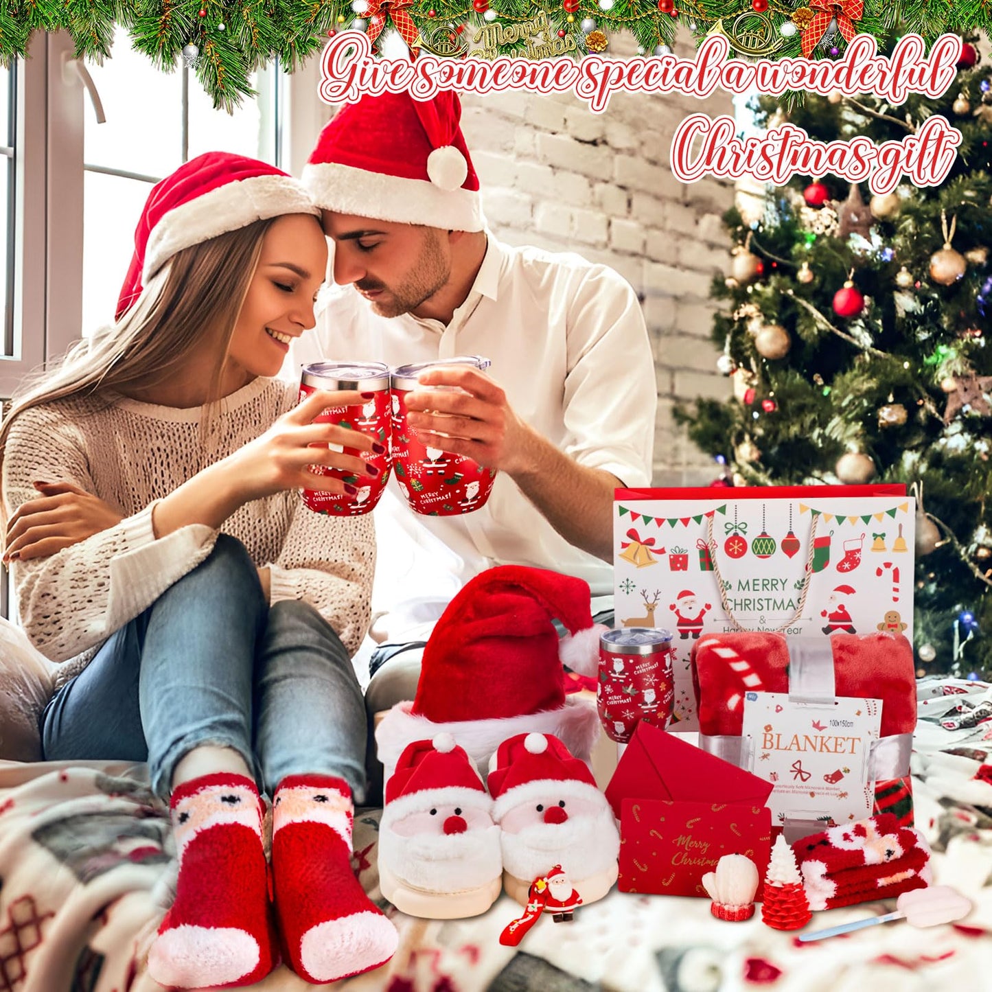 Patelai 10 Pcs Christmas Gifts Merry Christmas Gift Basket Set Xmas Hat 12 oz Tumbler Gift Bag Blanket Slippers Socks Candles Keychain Greeting Card for Women Wife Coworkers Friend Teacher