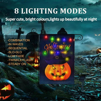 JUSHEN Halloween LED Lighted Garden Flag, Double Sided Solar Lighted Garden Flag, Vertical Halloween Pumpkin Lantern House Flag for Outdoor Yard Garden Decoration(12x18 Inch)