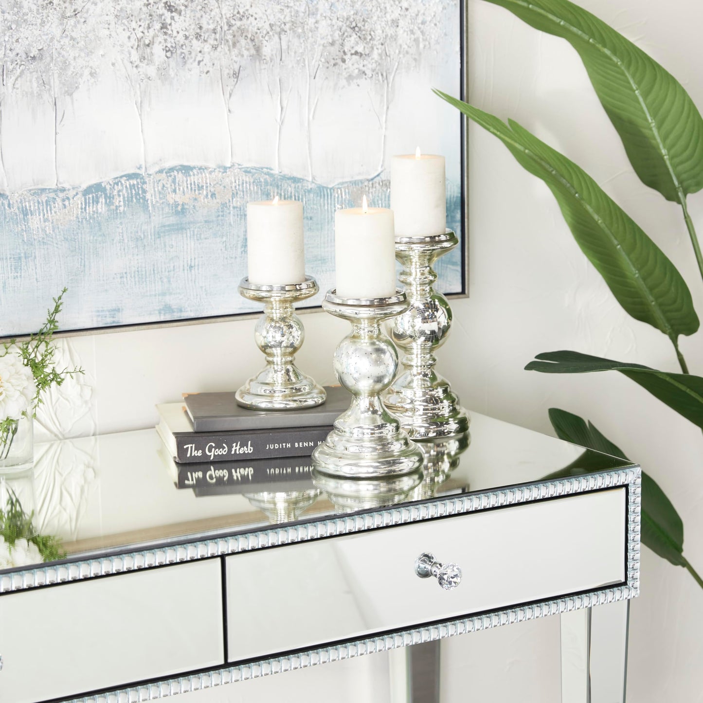 Deco 79 Glass Decorative Candle Holder Turned Style Pillar Candle Stand, Set of 3 Candlestick Holder 10", 8", 6"H, Silver