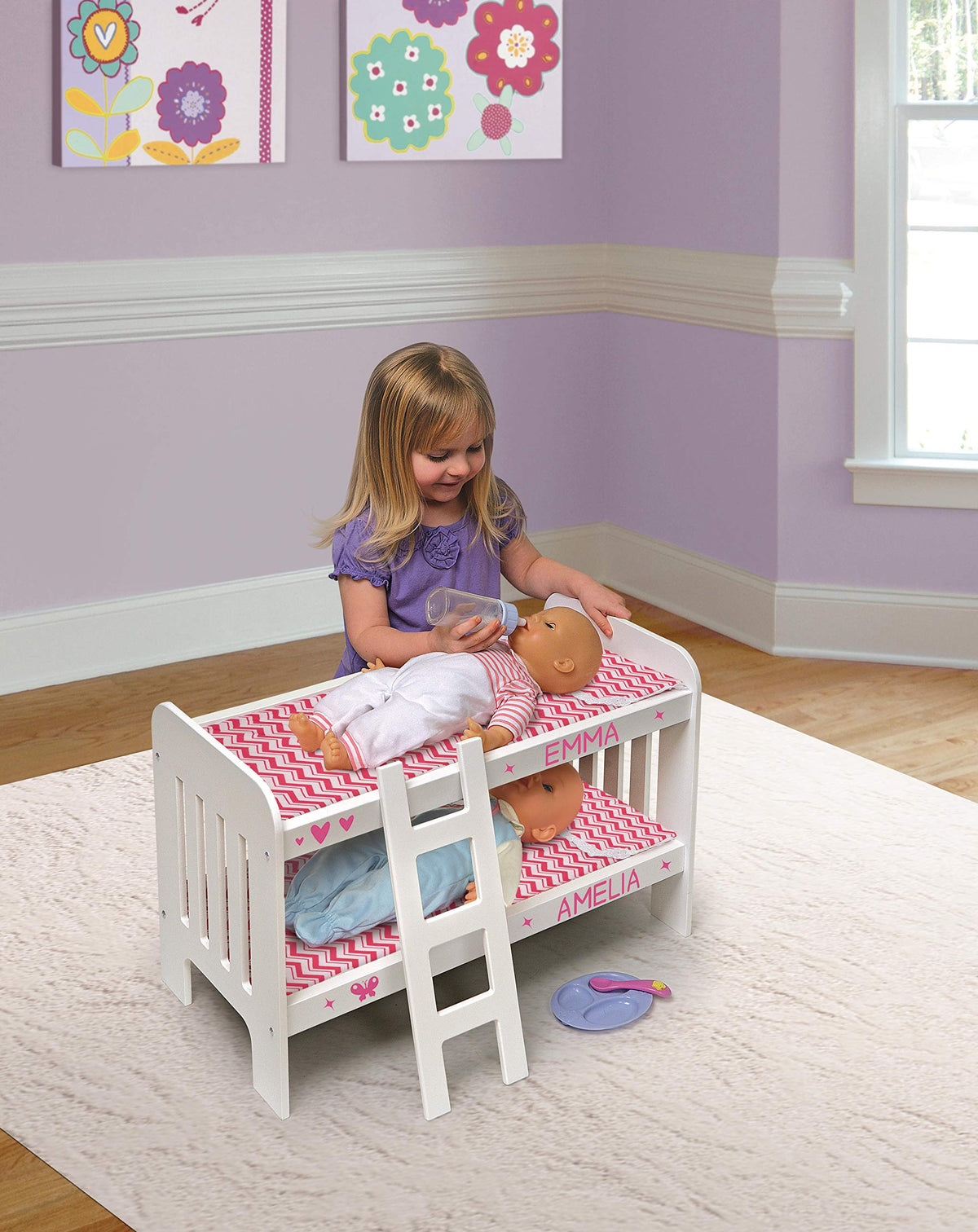 Badger Basket Chevron Doll Bunk Bed with Bedding, Ladder, and Padded Mats – Ideal for Dolls Up to 20 Inches in White and Pink
