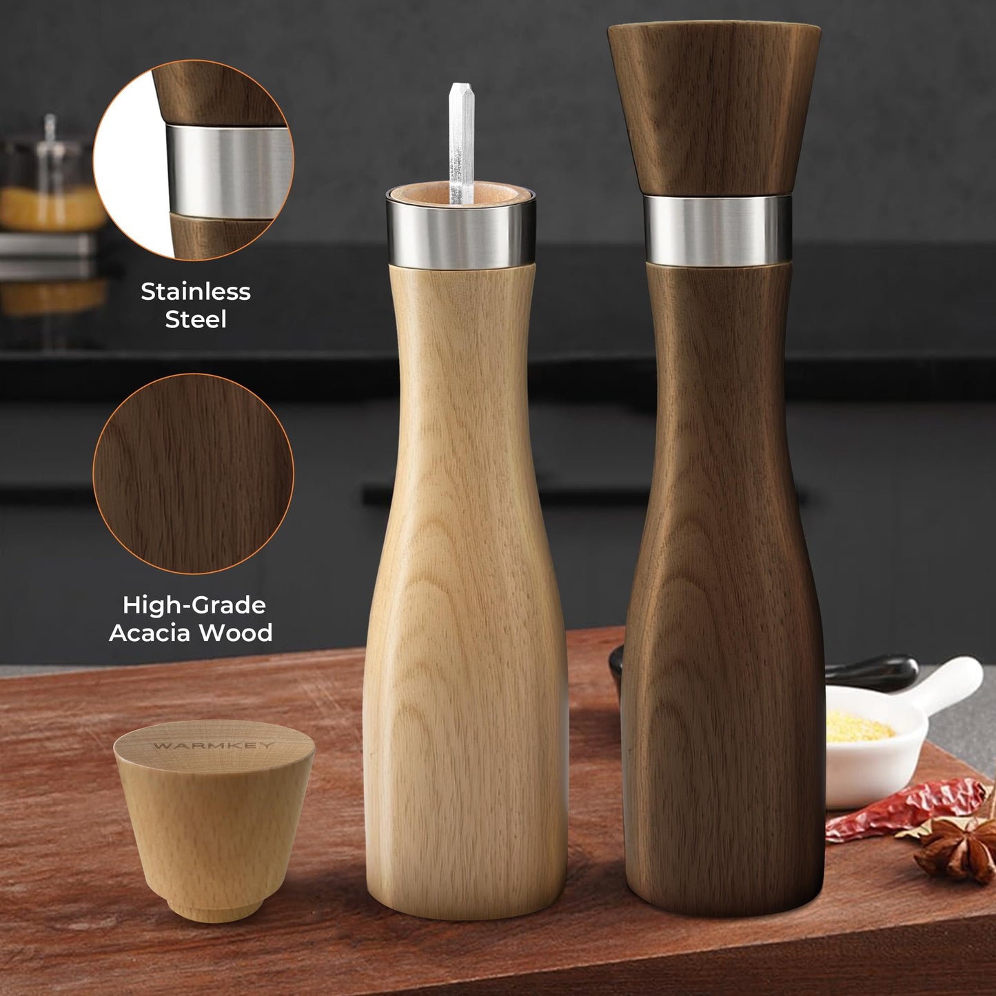 WARMKEY Kitchen Wooden Salt and Pepper Grinder Set: Refillable Salt & Pepper Mills Adjust for Customized Coarseness, 9" 5PC with Tray & Spoons,Non-Slip Base-Kitchen Counter Decor