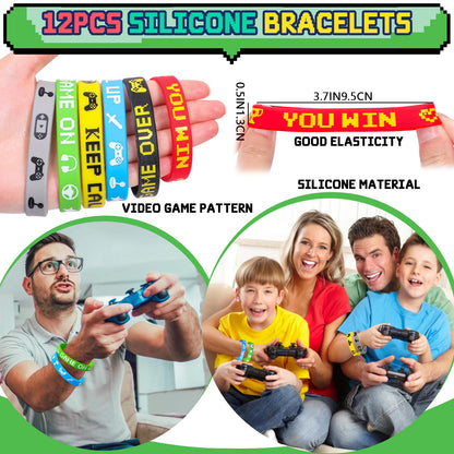 Winrayk 12 Sets Video Game Party Favors Gamer Birthday Supplies, Gaming Drawstring Bag Silicone Wristband Glow In The Dark Tattoos Keychain, Kid Game On Goodie Bag Stuffers Gamer Party favors Supplies
