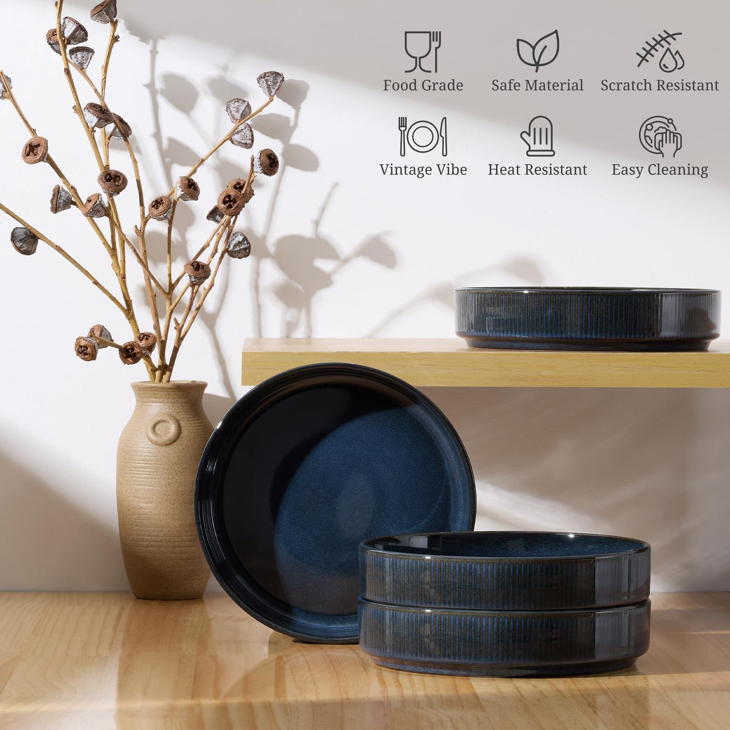 E-far Pasta Bowls Set of 4, 35oz Large Salad Bowl Plate for Dinner Serving, Wide & Shallow Ceramic Stoneware Pasta Plates, Microwave & Dishwasher Safe, Reactive Glaze Textured Stripes, Dark Blue