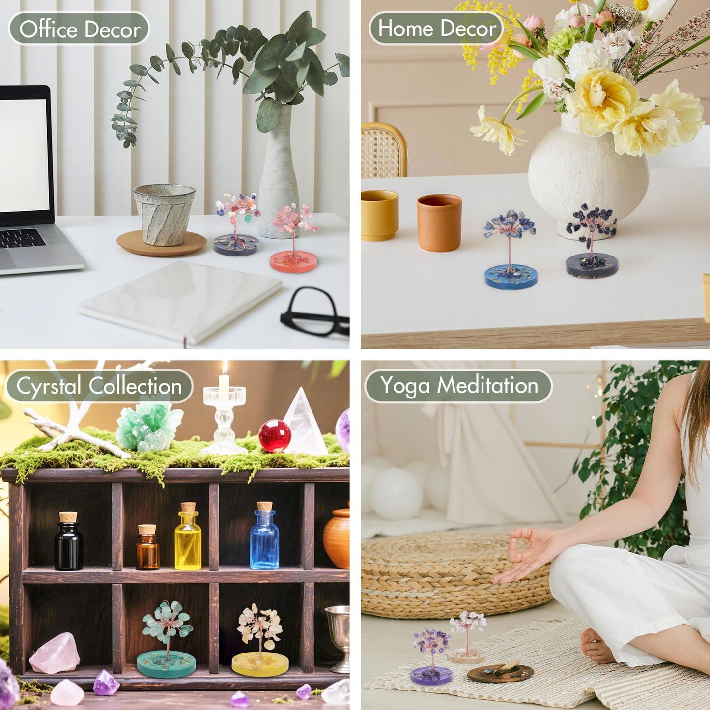 Pretty Jolly Small Mini 7 Chakra Healing Stones Crystals Tree of Life Positive Energy Gemstone Money Tree Meditation Reiki Gifts with Acrylic Glue Base for Home,Office,Desk Feng Shui Decor(White)