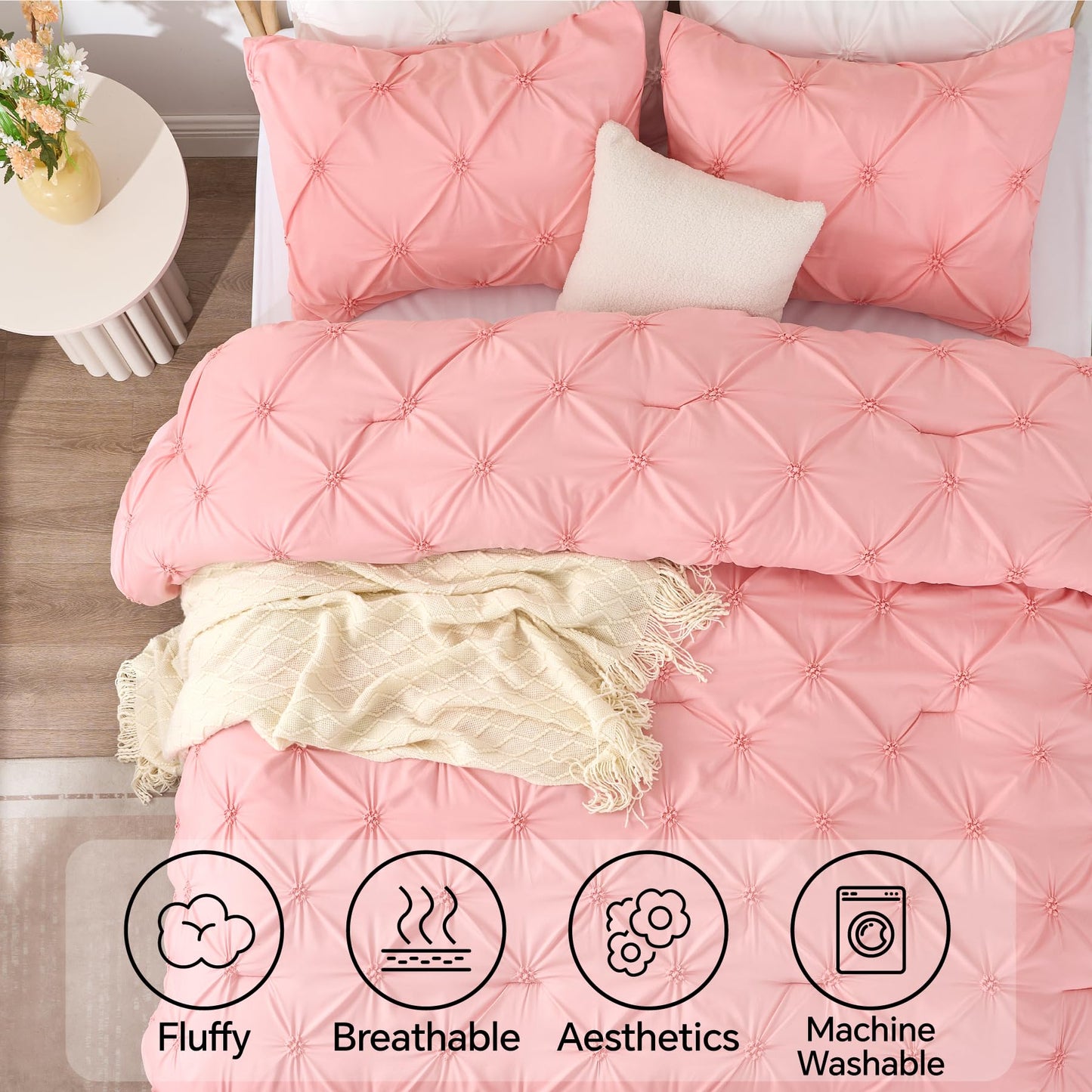 BEDELITE Pink Queen Comforter Set - 3 Pieces Boho Pintuck Bedding Comforter Sets, Lightweight Soft & Warm Bed Comforter with 2 Pillowcases for All Season,Valentines Day