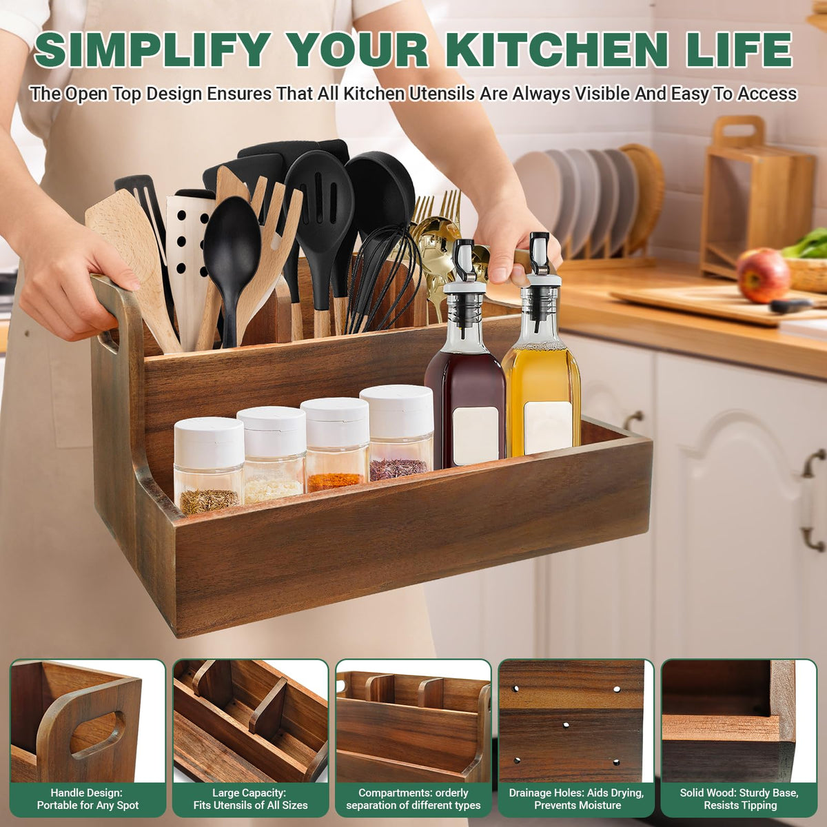 LAGOUPICK Kitchen Utensil Holder for Countertop with 4 Compartments Acacia Large Utensil Holder Wooden Storage for Cooking,Baking,Flatware Tool Kitchen Utensil Organizer