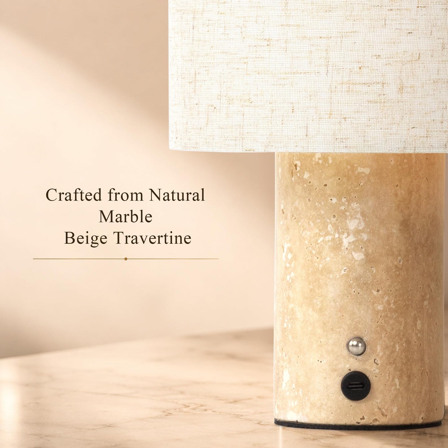 YMXYJM Marble Table Lamp, Rechargeable Cordless Bedside Lamp with Touch Control & Stepless Dimming, Linen Shade Decorative Lamp for Bedroom, Living Room, Nightstand & Bookshelf, Travertine