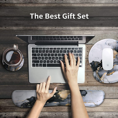 iCasso Desk Mat, Gaming Mouse Pad Wrist Support Set,4in1 XXL Large Mousepad + Keyboard Wrist Rest+Mouse Wrist Rest+Coaster Set with Ergonomic Design for Home Office Table Computer-Grey Ink Marble
