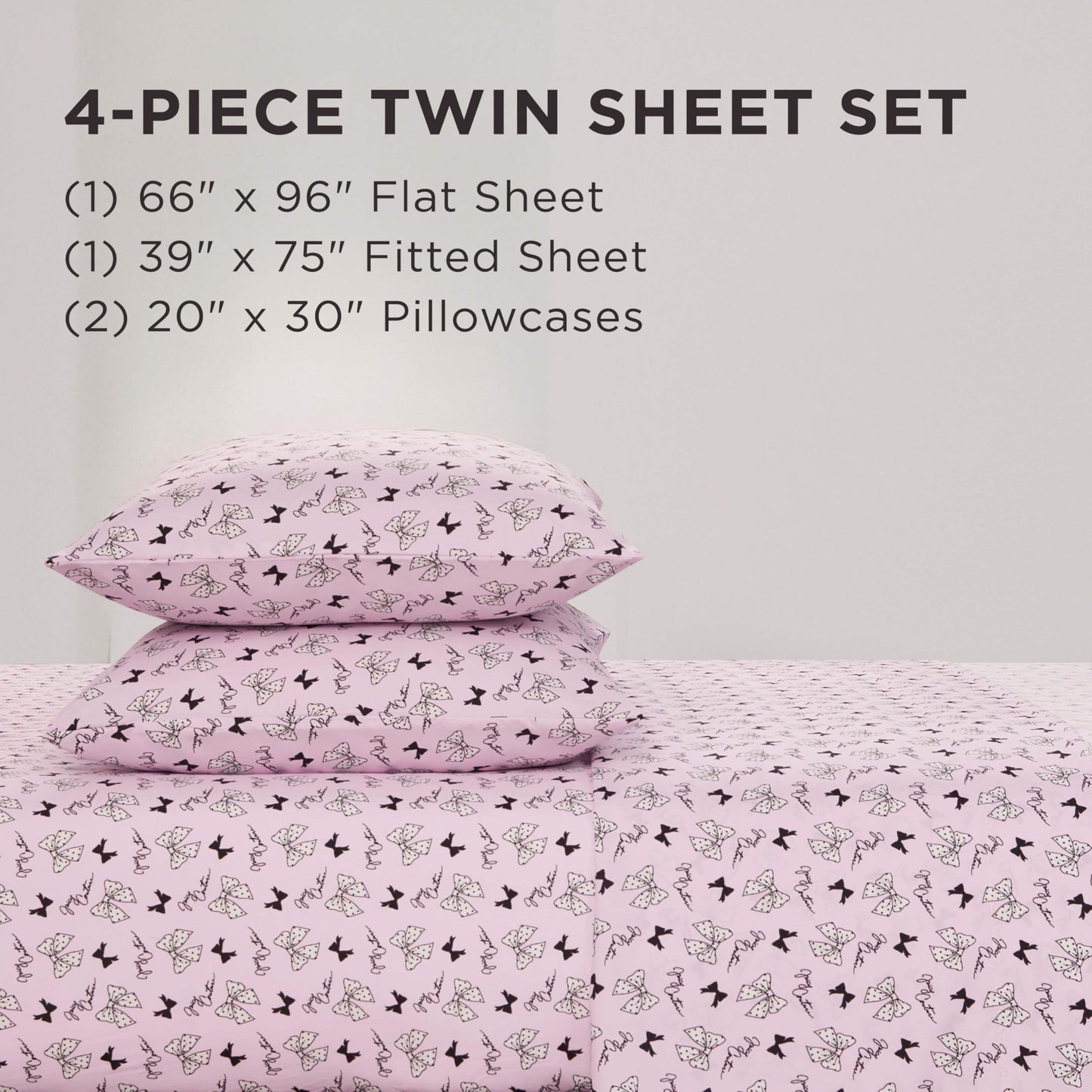 Juicy Couture Printed Microfiber 4-Piece Twin Sheet Set, Polka Dot Bow Toss Light Pink