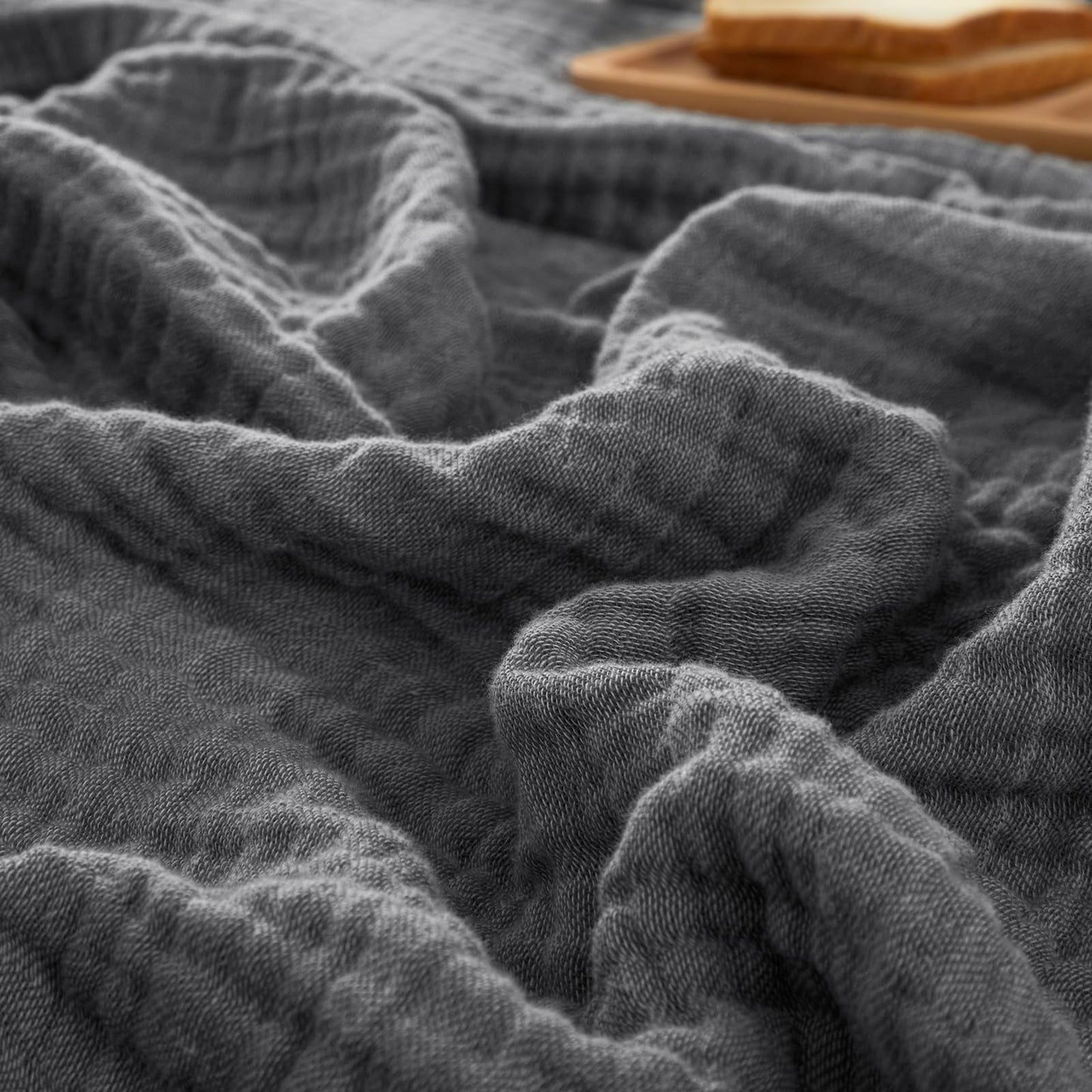 PHF 100% Cotton Muslin Throw Blanket 50" x 60", 4-Layer Lightweight Gauze Throw, Breathable Cloud-Soft Minimalist Blanket for Bed, Couch, Camping & Baby, Greyish Black, Ideal Gift
