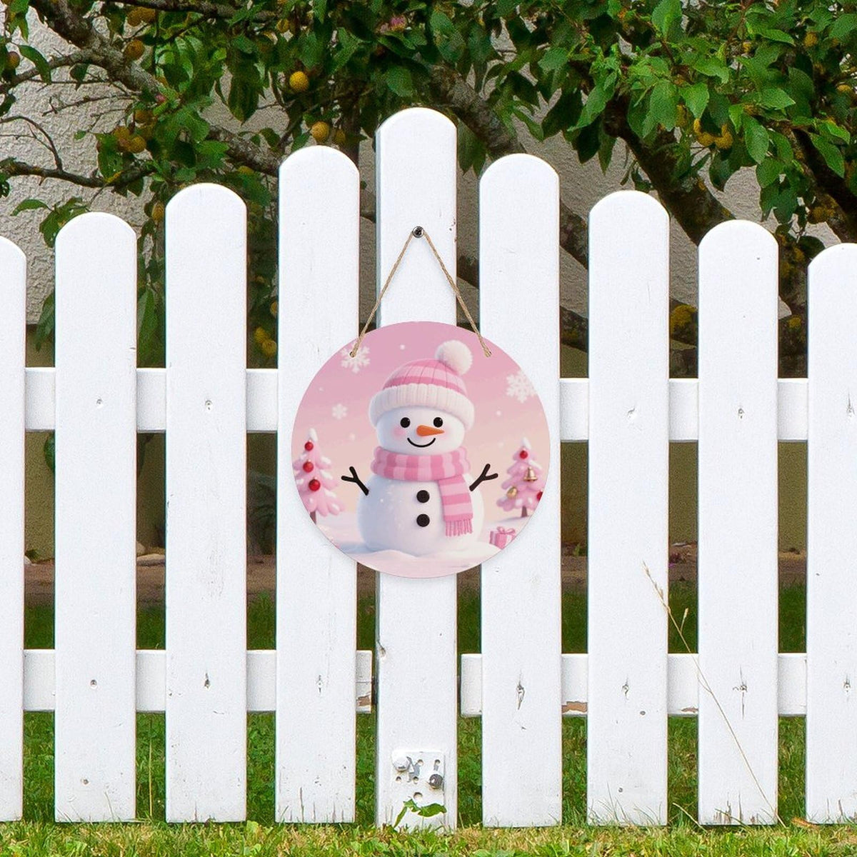 Pink Cute Snowman Welcome Sign for Front Door Wooden Wreaths
