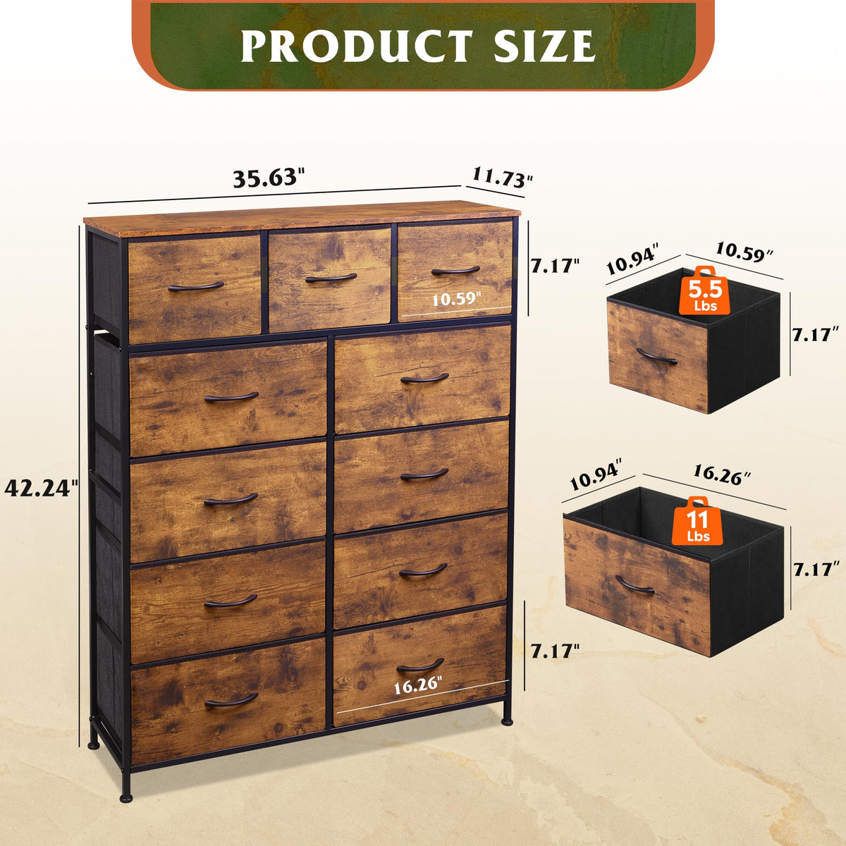 WLIVE Tall Dresser for Bedroom, Fabric Dressers Storage Tower, Dresser & Chest of Drawers Organizer Unit with 11 Drawers, Storage Cabinet, Hallway, Closets, Steel Frame, Wood Top, Rustic Brown